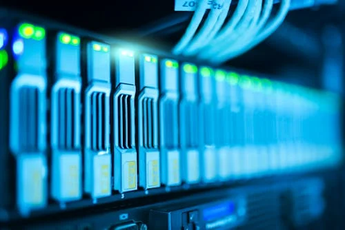 Row of servers and storage devices in a data center